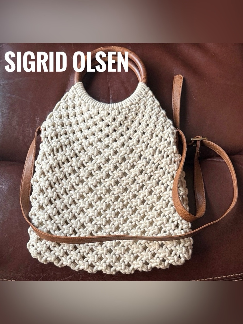 Sigrid Olsen Macramé Bag with Bamboo Handles and Leather Shoulder Strap